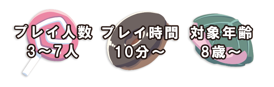 プレイ人数3〜7人、プレイ時間10分〜、対象年齢8歳〜